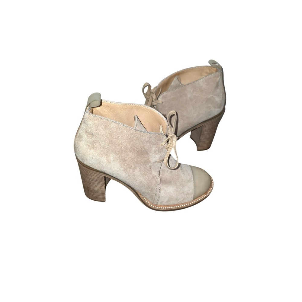 Reed‎ Krakoff Suede Lace Up Ankle Boots Womens 39 Beige Tan Cap Toe Block Heel